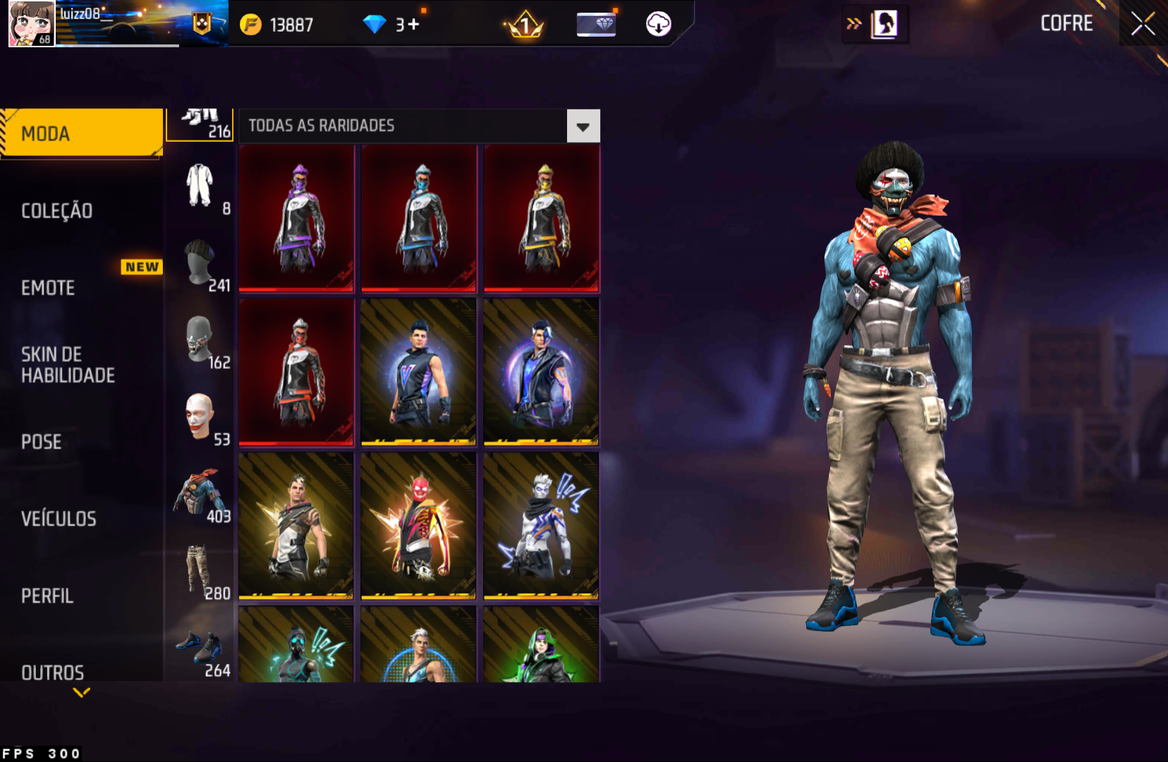 Cofre da conta de Free Fire mostrando skins e itens